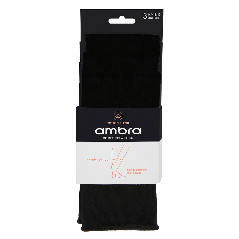 Cotton Blend Comfy Crew Sock 3 Pack - Black - Ambra Corporation