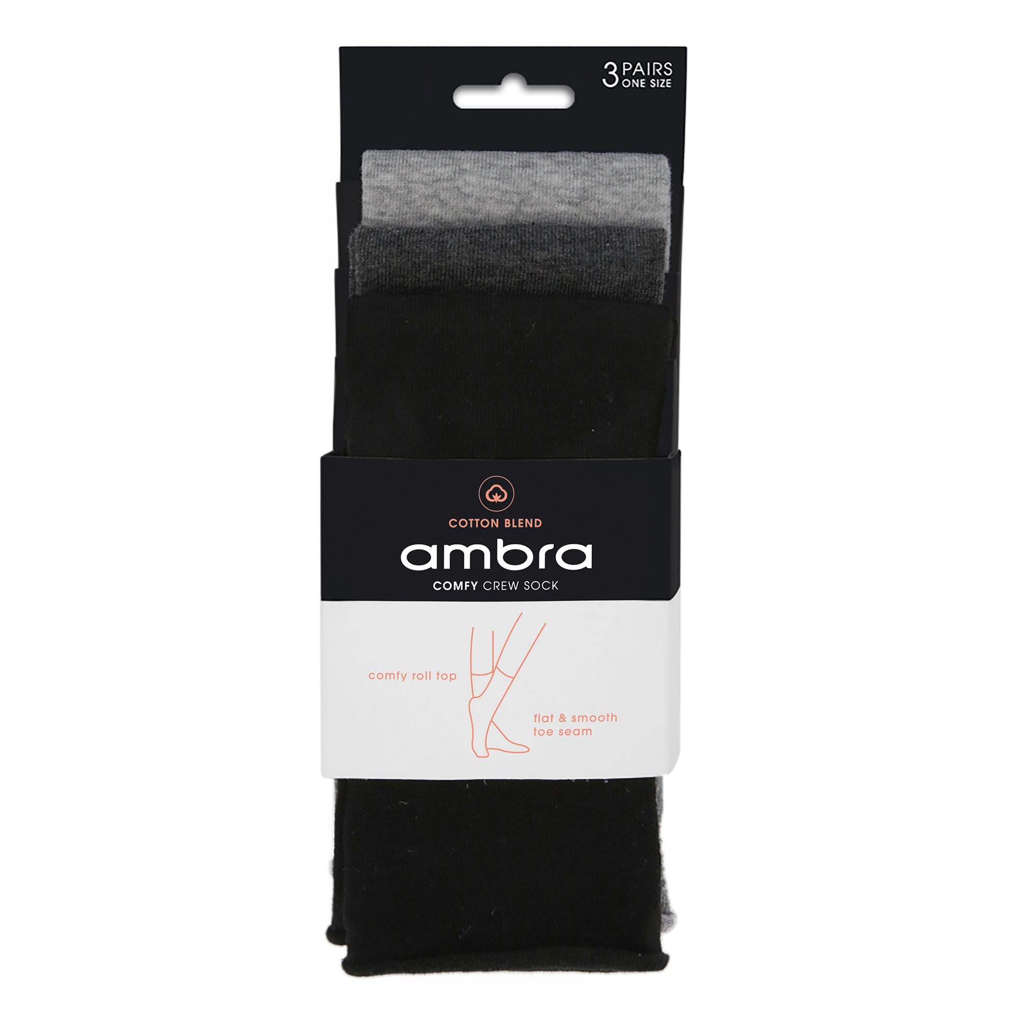 Cotton Blend Comfy Crew Sock 3 Pack - Black/Charcoal/Grey Marle - Ambra Corporation