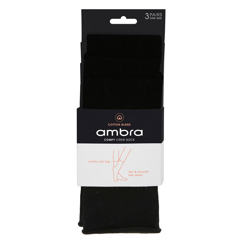 Cotton Blend Comfy Crew Sock 3 Pack - Black - Ambra Corporation 